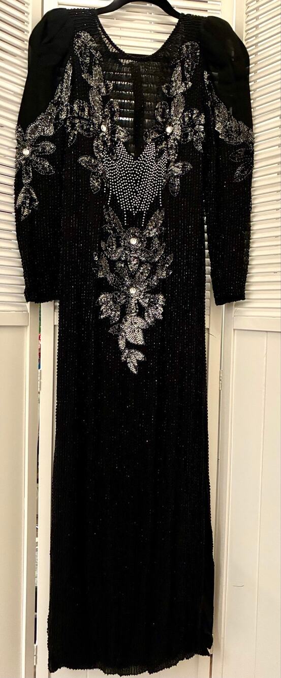 Vintage Black Long-Sleeve Beaded Evening Gown